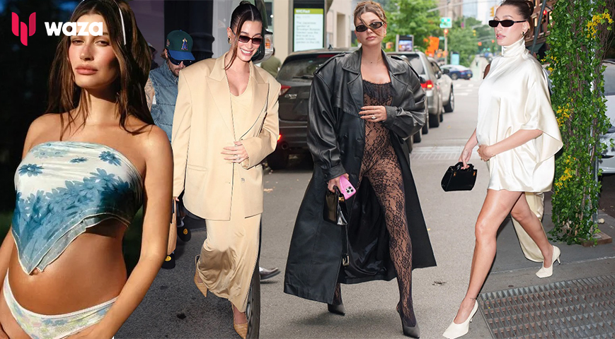 All of Hailey Bieber’s pregnancy outfits: Catsuits, leather and bridal lace